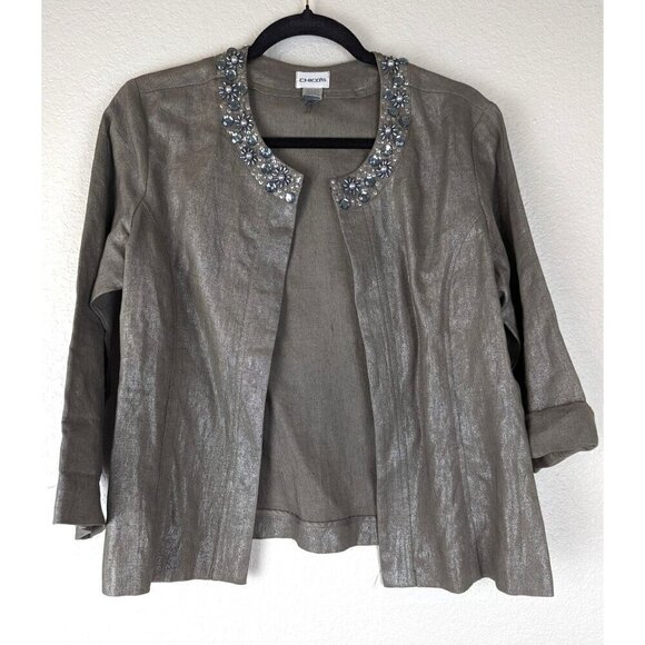 CHICO'S Metallic Silver 100% Linen Embellished Beaded Open Jacket  Blazer SMALL - Picture 1 of 7